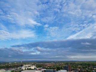 Obraz premium Aerial View of Buildings at Greater Manchester Central City, Northwest of England, United Kingdom. Aerial View Footage Was Captured with Drone's Camera on May 4th, 2024 During Sunset Time.