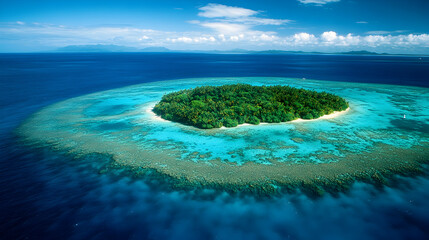 Obraz premium A stunning aerial view of a coral reef encircling a small tropical island, creating a vibrant turquoise lagoon under a clear blue sky.