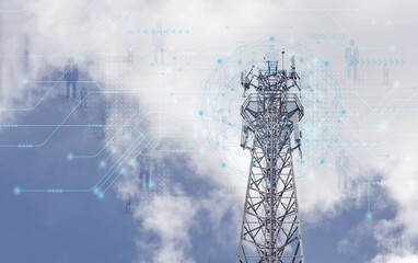 Telecommunication tower on blue background, mobile signal transmission, Connect to internet global network 