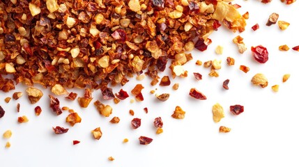 Close-up of dried crushed red chili peppers on white background.