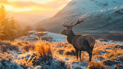 Majestic deer standing in a sunlit, snowy landscape at dawn.
