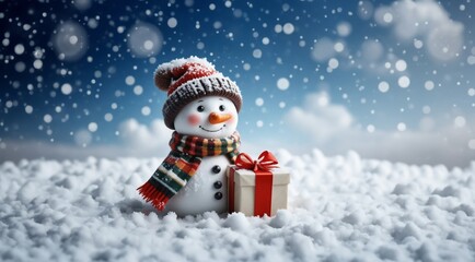 Fototapeta premium Winter greeting card. Happy Snowman. Snowman for Christmas and New Year. winter snowy forest. Winter holidays. Christmas theme.