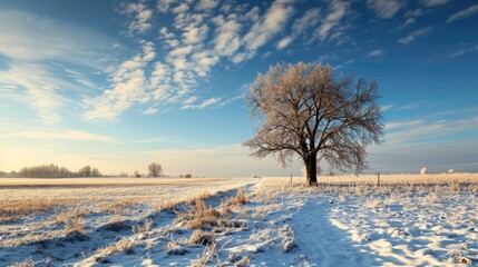 Obraz premium Snow-covered landscape with a solitary tree under a bright blue sky and scattered clouds.