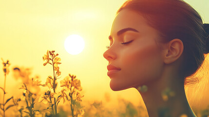 A serene outdoor scene with a woman enjoying the morning