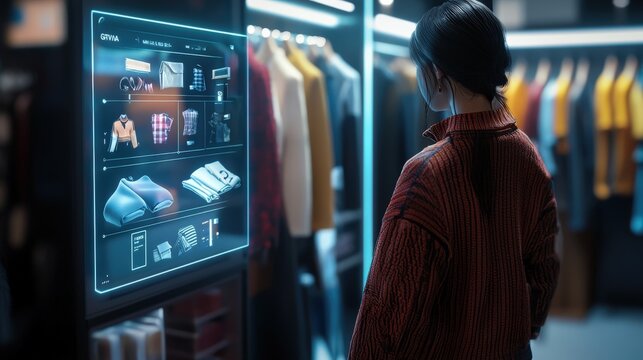 Interactive fashion retail experience modern store digital display urban setting customer engagement fabric selection