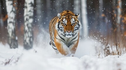 Fototapeta premium A tiger running through snowy woods, showcasing its strength and grace in a winter landscape.