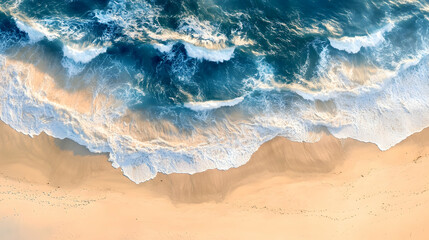 An aerial view of ocean waves crashing onto a golden sandy beach, with frothy white water creating intricate patterns.

