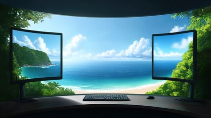 Fototapeta premium Serene Coastal Workspace with Dual Monitors and Stunning Ocean View Surrounded by Lush Greenery, Ideal for Remote Work or Inspiring Creative Environments