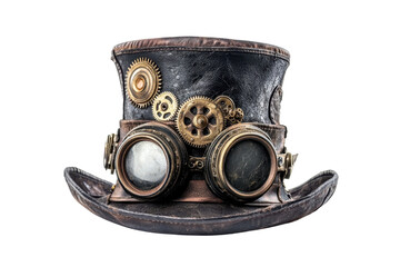 A vintage steampunk hat adorned with gears and goggles, showcasing intricate details and a unique design.