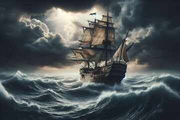 Fototapeta premium Old Wooden Ship Battling the Stormy Seas in a Dark Ocean