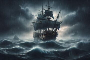 Obraz premium Ancient Pirate Ship Amidst the Roaring Tempest on a Dark Ocean