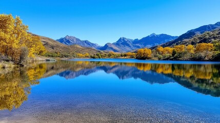 Fototapeta premium A serene lake reflecting vibrant autumn colors, surrounded by mountains under a clear blue sky.