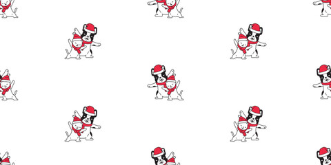 dog cat seamless pattern french bulldog Christmas kitten Santa Claus hat vector puppy calico pet cartoon wrapping paper scarf isolated repeat wallpaper tile background illustration design