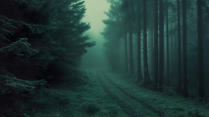 Obraz premium Mysterious Forest Path: A Journey Through Misty Woods