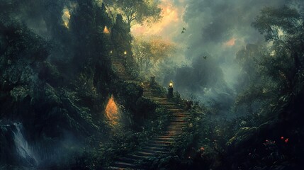 Obraz premium Enchanted Forest Stairway: A Journey into a Mystical Realm