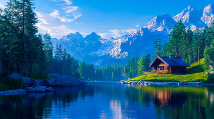 Obraz premium A beautiful luxury home in the snow, with snowy mountains and the reflection of the house on the lake at dusk, in a Colorado forest near pine trees and snow-capped peaks, 