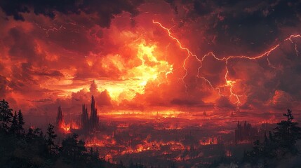 Naklejka premium Infernal Cityscape: A fiery apocalypse artwork depicting a burning city under a stormy, lightning-filled sky