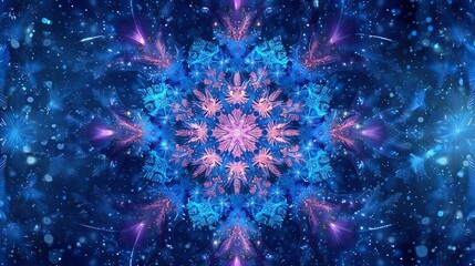 Fototapeta premium A vibrant snowflake pattern with glowing edges, designed on a dark blue background with subtle snow-like textures. 8k UHD, suitable for high-quality printing or digital display. 
