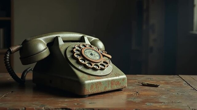 An old rotary phone hangs loosely from its cord on a scratched wooden desk, cracked with missing dials and faded numbers. 