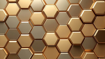 Obraz premium A golden hexagonal grid pattern with smooth metallic textures, exuding a sense of luxury and sophistication.
