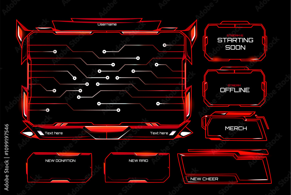 Poster shooter game and streaming overlay pack with futuristic neon glowing red cyberpunk frames design. ma