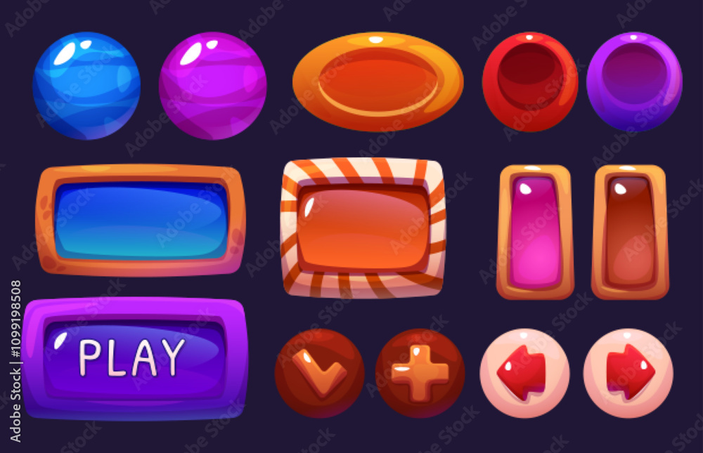 Poster colorful game interface buttons with candy like glossy appearance - round shapes, rectangular frames