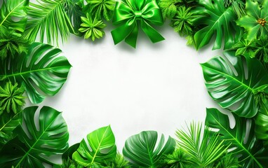 Lush Green Tropical Leaves Surrounding Empty Space Ideal for Seasonal Greetings, Invitations or Product Promotions with a Festive Bow Accent