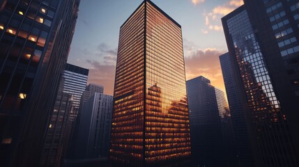 Fototapeta premium A modern skyscraper reflecting sunset light amidst urban buildings.