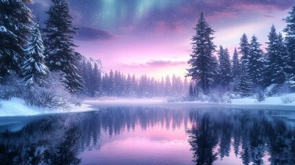 Majestic Aurora Borealis Over Snowy Landscape - Awe-Inspiring Skyscape with Vibrant Northern Lights Reflection in Tranquil Lake