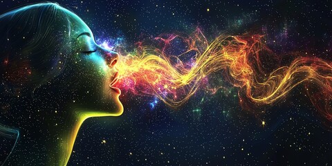 Obraz premium Cosmic voice resonance chamber, galactic visualization of speech clarity, starlight particles forming sound waves