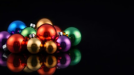 Colorful Christmas Ornaments Against Black Background