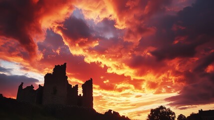 Obraz premium Mystical Sunset at Ancient Castle: Fiery Skyscape in Red and Gold Hues