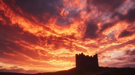 Obraz premium Fiery Sunset Silhouette: Ancient Castle and Dramatic Skyscape | Mystery and History Encompassed in Red and Gold Clouds