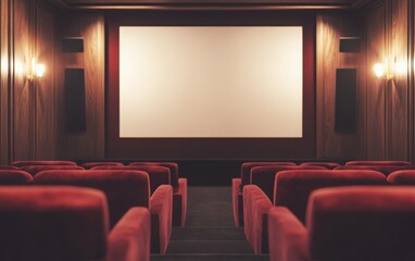 Fototapeta premium A photorealistic image of a cinema hall, focusing on velvet armchairs and a white screen on the wall, with a dark red color palette and a brown wooden panel background