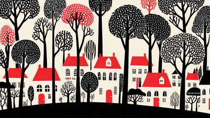 Artistic depiction of a quaint town with red and black houses surrounded by trees and animals in a tranquil setting