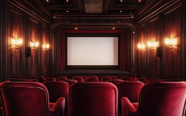 Fototapeta premium A photorealistic image of a cinema hall, focusing on velvet armchairs and a white screen on the wall, with a dark red color palette and a brown wooden panel background