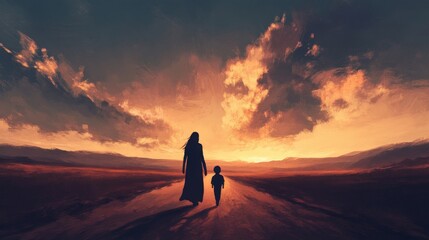 Obraz premium Silhouette of Mother and Child Walking Towards the Sunset