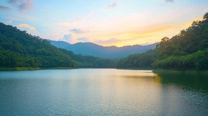 Obraz premium Serene Sunset Skyscape Over Lush Lake - Ultra-Detailed Pastel Landscape Reflection with Forest Surrounding