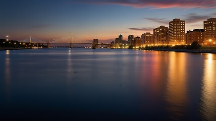 Fototapeta premium Riverfront promenade with modern architecture and soft evening light, creating a sleek and serene urban backdrop