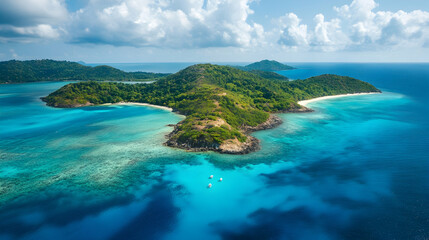 Fototapeta premium A picturesque aerial view of a tropical island surrounded by crystal-clear turquoise water, with lush greenery covering the land and vibrant coral reefs beneath the surface.