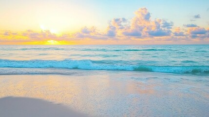 Fototapeta premium Tranquil Coastal Skyscape at Dawn with Soft Pastel Colors and Gentle Waves - Ultra-Detailed Seaside Serenity
