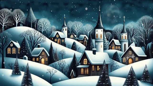 Snow falling on cozy village, animation, loop