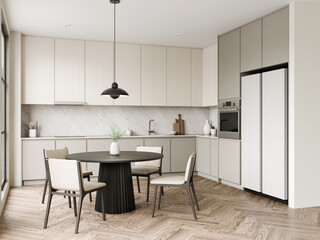 Modern Kitchen with Stylish Dining Area and Appliances. 3d render. 3d render.