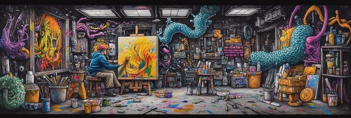 Fototapeta premium A vibrant artist's studio filled with colorful artwork and imaginative creatures.