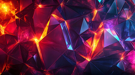 A crystalline pattern of sharp, faceted shapes in rich pink, red, and orange tones, creating a fiery and dynamic aesthetic