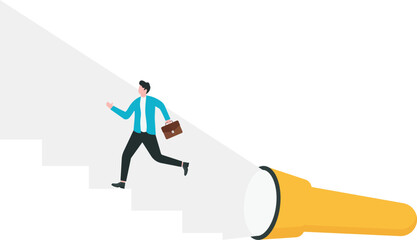 Mentorship to support employee career advancement, guidance for achievement, encouragement at work concept. Boss turning on flashlight to create staircase of success for employee.
