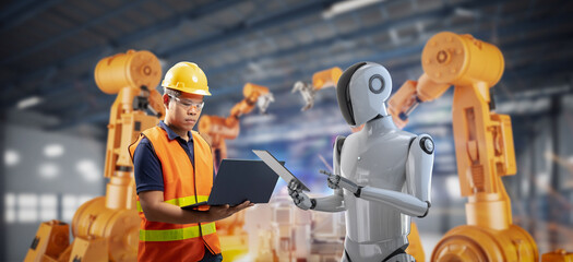 Automation industry concept with engineer control robot in factory