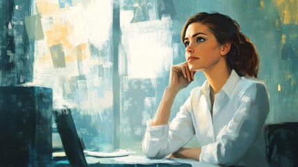 Obraz premium Thoughtful Woman Gazing Out Window - Digital Painting
