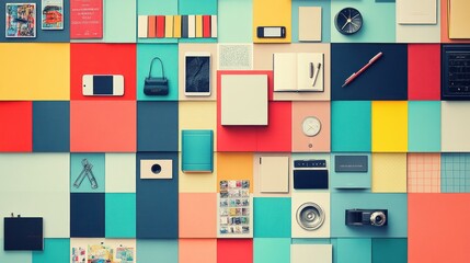 A colorful flat lay arrangement of various objects and stationery on a vibrant background.