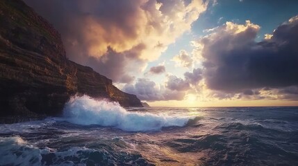 Obraz premium Majestic Fury of Nature: Dramatic Stormy Skyscape with Waves Crashing Against Rugged Cliffs | Ultra-Detailed Seascape Photography